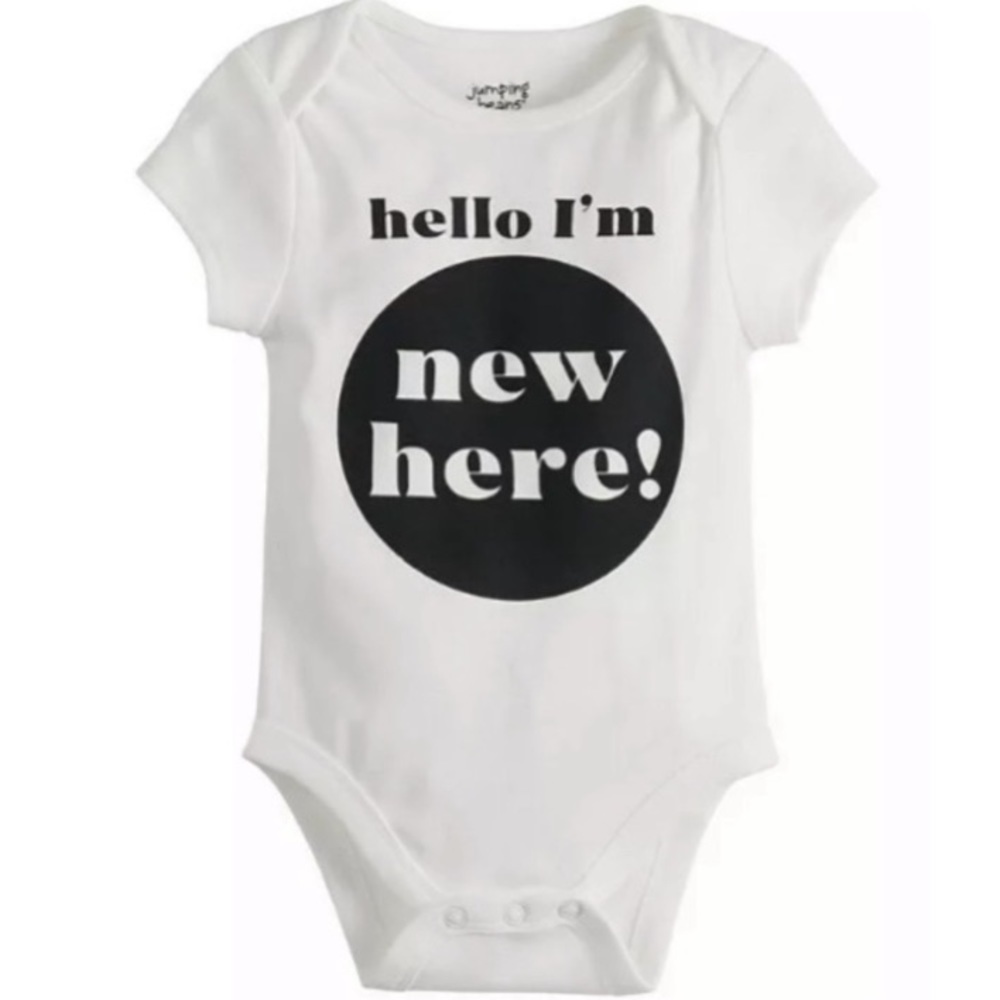 Jumping Beans Baby Bodysuit “Hello I’m New Here!” 12 Months White Black 1-piece